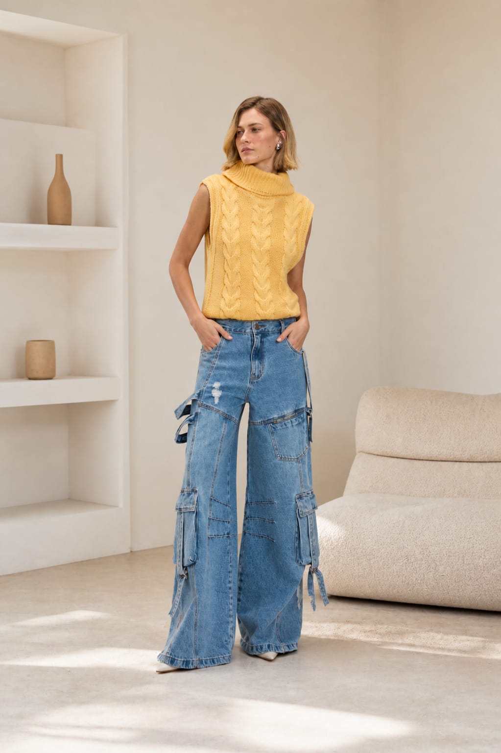 Calça Jeans Wide Leg Cargo Urban